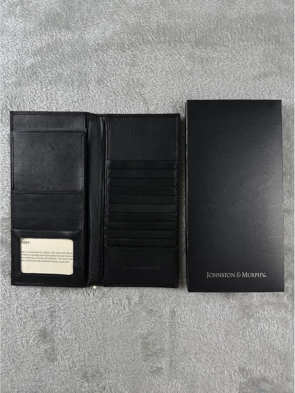 New Johnston & Murphy Black Slimfold Nappa Leather Long Wallet with Box